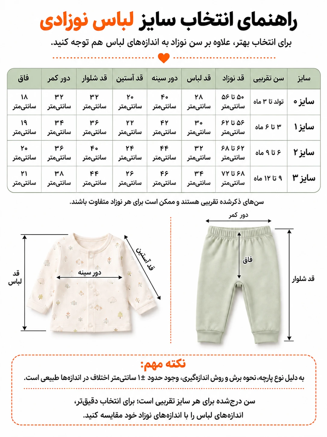 راهنمای سایز ست پنج‌تکه نوزادی پنبه‌ای کاراتک مدل جنگل پاییزی